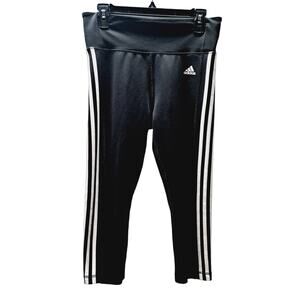 Adidas Women's Teen Black Crop Leggings Pants 3 White Stripes Med
